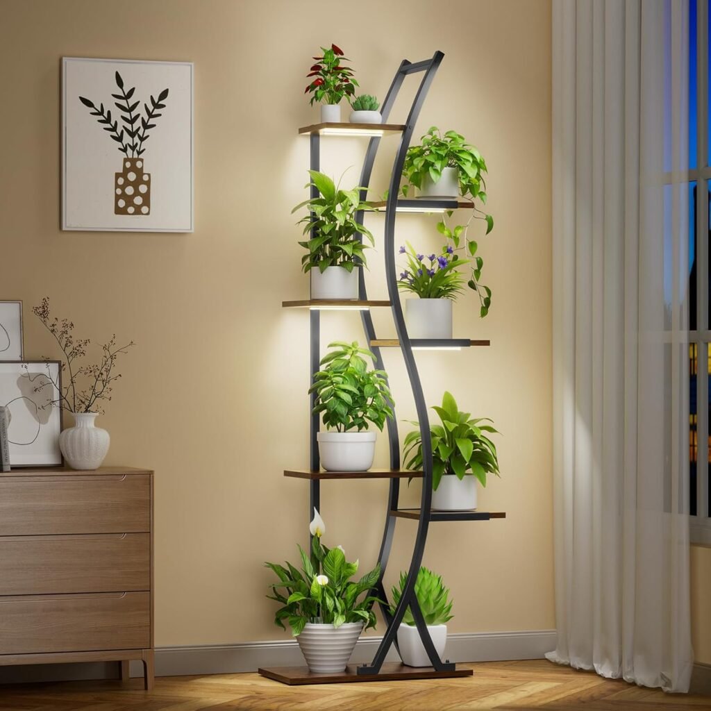 62 Tall Plant Stand with Grow Light Indoor, 7 Tiered Metal Plant Shelf for Indoor Plants, Curved Corner Plant Stand Flower Display Rack Holder for Living Room, Patio, Balcony Decor
