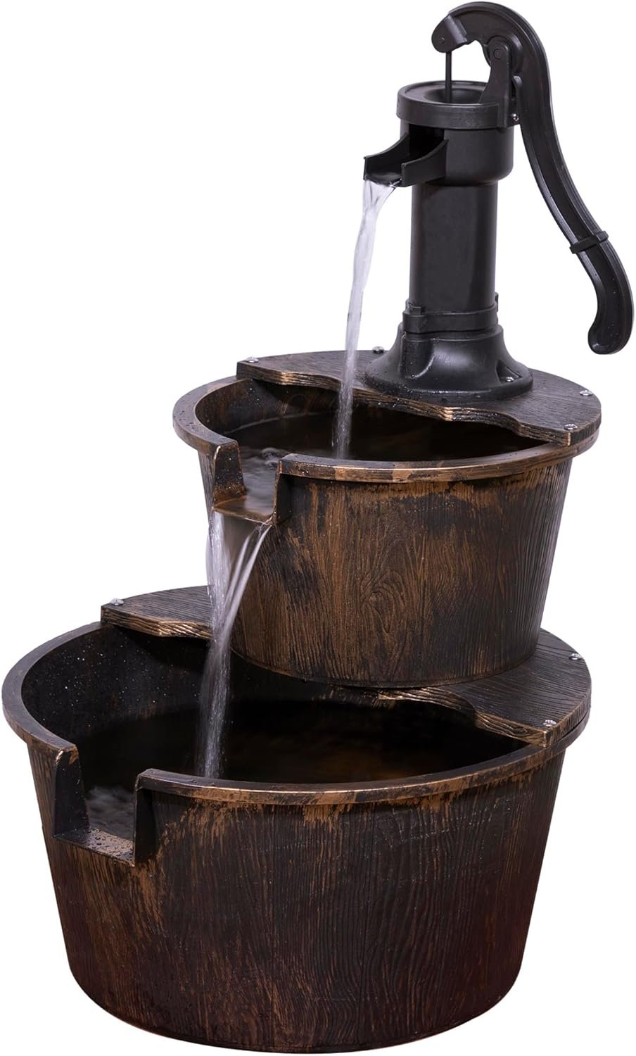 Alpine Corporation TIZ194BZ Outdoor Floor Rustic 2-Tiered Barrel and Pump Water Fountain, Old-Fashioned Fountain, 27, Bronze