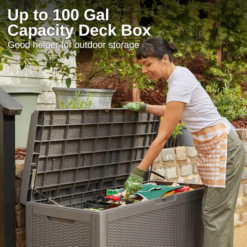 EAST OAK Outdoor Storage Box, 31 Gallon Deck Box Indoor and Outdoor Use, Waterproof Resin Storage Bin for Package Delivery, Patio Cushions, Gardening Tools, Lockable, UV Resistant, Grey