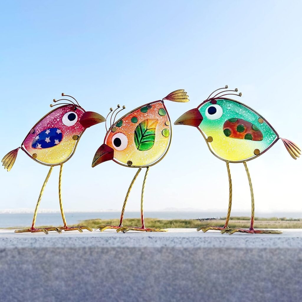 Garden Decor for Outside,Funny Metal  Glass Bird Decor for Indoor  Outdoor Set of 3,Yard Art Decor,Garden Art Statues Decorations,Colorful and Patriotic