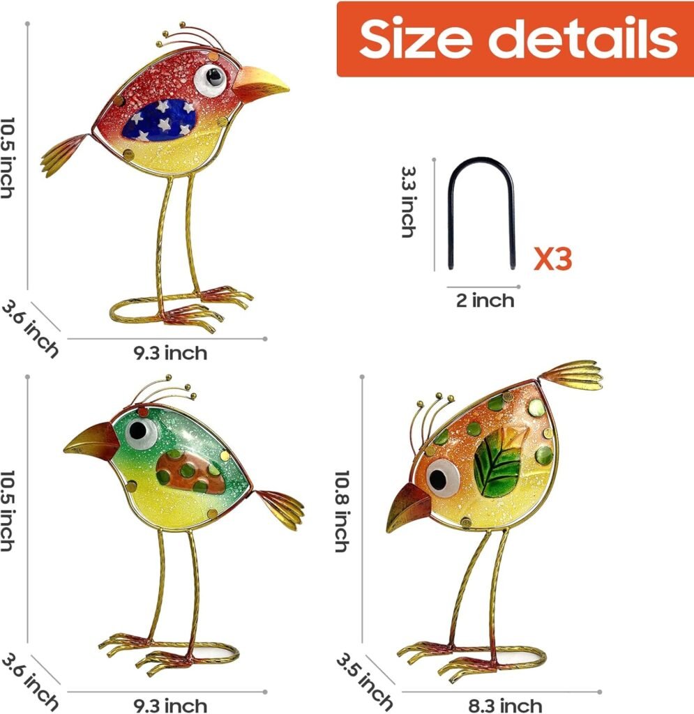 Garden Decor for Outside,Funny Metal  Glass Bird Decor for Indoor  Outdoor Set of 3,Yard Art Decor,Garden Art Statues Decorations,Colorful and Patriotic
