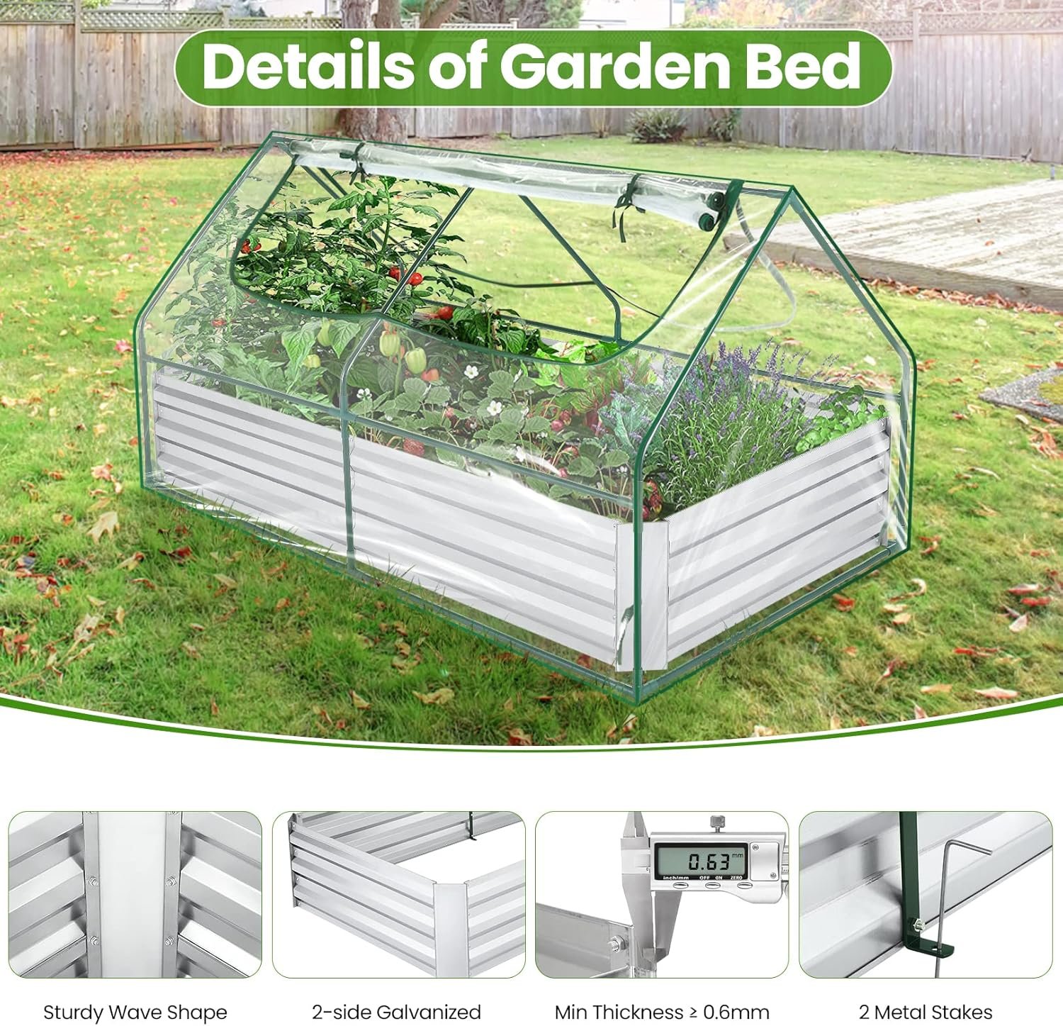 Homdox 6x3x3ft Galvanized Raised Garden Bed with Cover Outdoor Extra-Thick Metal Planter Box Kit,w/ 2 Roll-Up Large Screen Windows Mini Greenhouse 1 Pair of Gloves for Growing Vegetables Fruits Flower