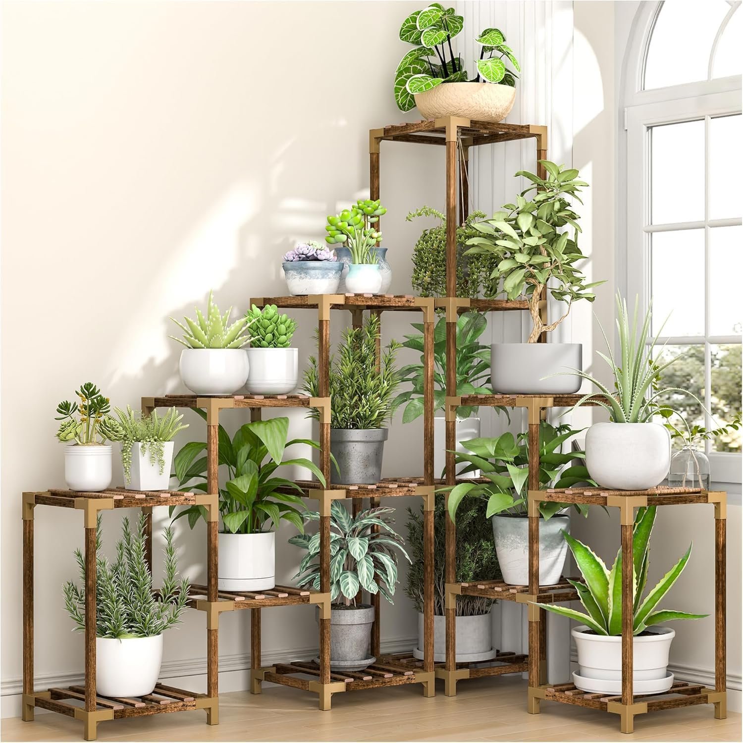 HOMKIRT Corner Plant Stand Indoor Outdoor for Multiple Plants, Large Tall Plant Shelf Rack Table Holder with Hanging Space Flower Stand for Patio Porch Balcony Garden Boho Decor HOMKIRT Corner Plant Stand Indoor Outdoor for Multiple Plants, Large Tall Plant Shelf Rack Table Holder with Hanging Space Flower Stand for Patio Porch Balcony Garden Boho Decor