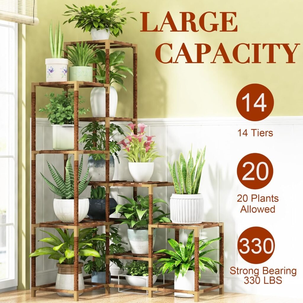 HOMKIRT Plant Stand Indoor Outdoor, 14 Tier Large Corner Plant Stand Tall Plant Shelf Rack Flower Stand For Multiple Plants, Wood Plant Holder Ladder Table Display For Patio Garden Balcony Window