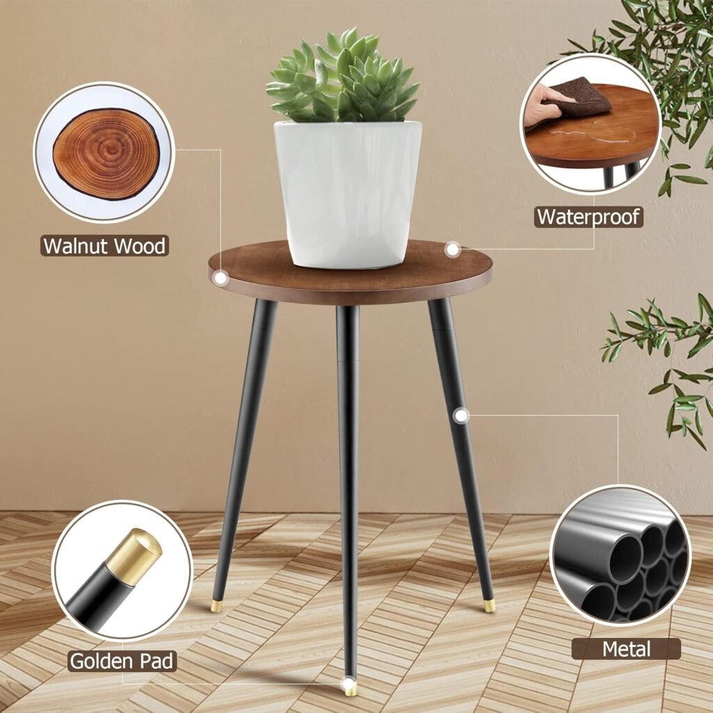 Indoor Plant Stand, Mid Century Wood Plant Stand Plant Table for Flower Pots, Heavy Duty Metal Tall Plant Holder, Modern Home Decor Small Round Side End Table (11.8x16)