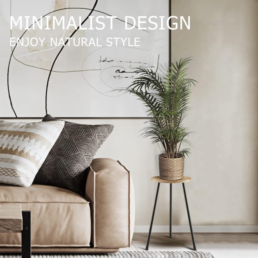 Indoor Plant Stand, Mid Century Wood Plant Stand Plant Table for Flower Pots, Heavy Duty Metal Tall Plant Holder, Modern Home Decor Small Round Side End Table (11.8x16)