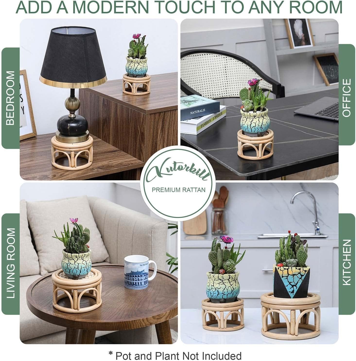 Set of 2 Small Boho Rattan Wicker Round Riser Plant Stand Indoor,Rustic Farmhouse Natural Wooden Circle Pedestal for Decor  Display, Tabletop, Office Decor