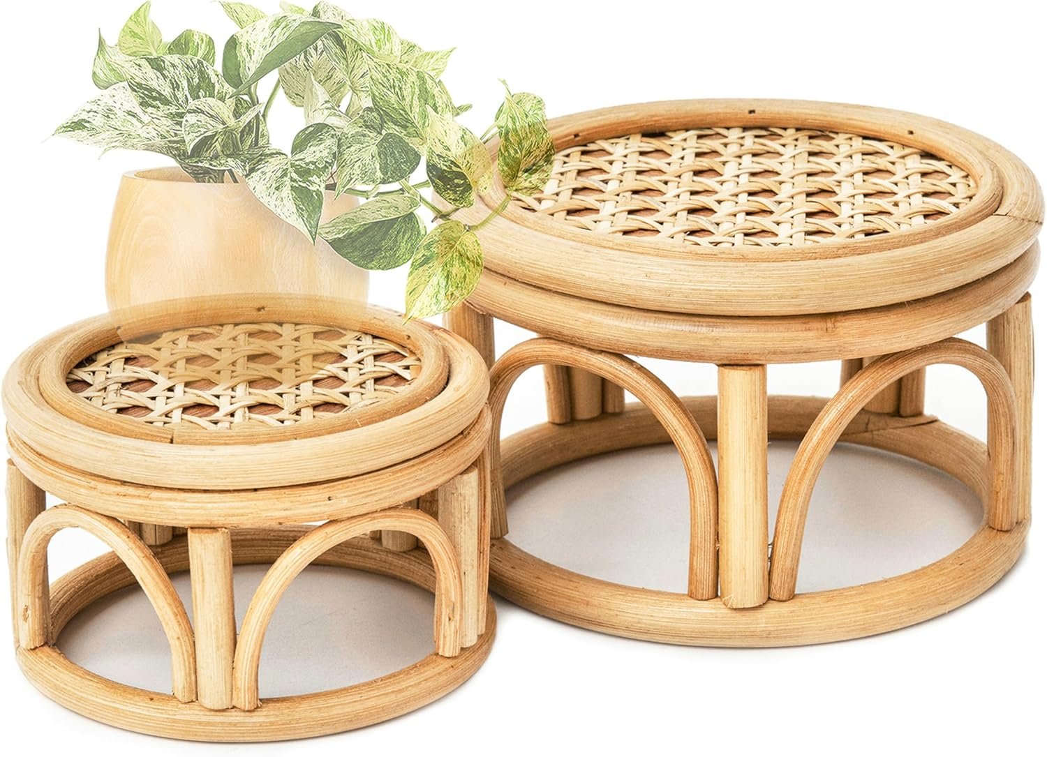 Set of 2 Small Boho Rattan Wicker Round Riser Plant Stand Indoor,Rustic Farmhouse Natural Wooden Circle Pedestal for Decor  Display, Tabletop, Office Decor