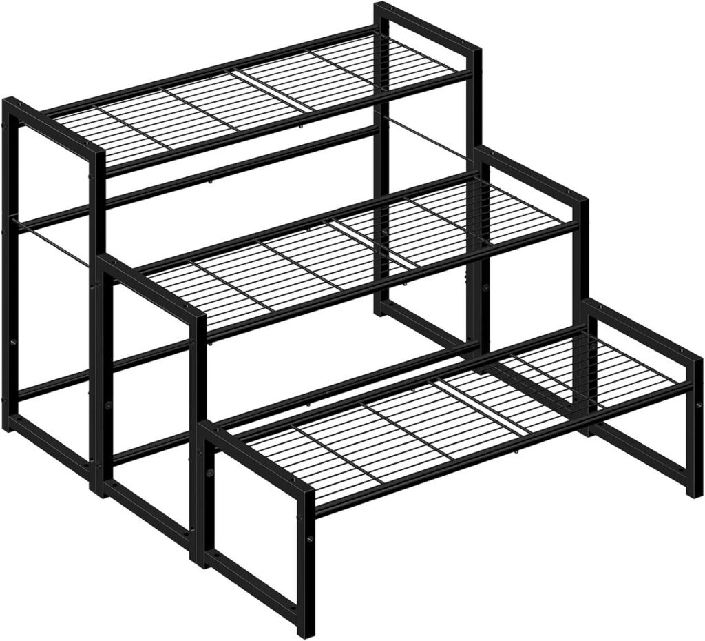 Simple Trending 3 Tier Metal Plant Stand Outdoor Indoor Waterproof, Stackable Heavy Duty Tall Plant Shelf Flower Pot Holder for Garden, Display Rack, Black