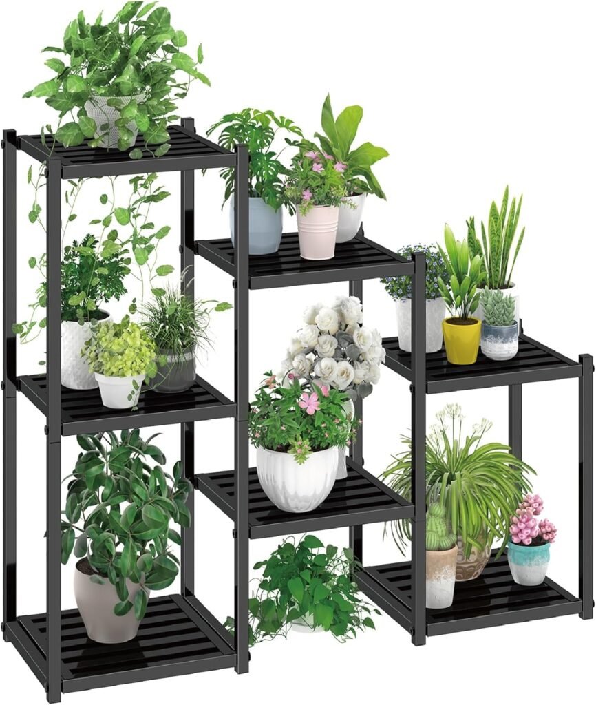 Simple Trending Plant Stand Indoor Outdoor, Heavy Duty Metal Waterproof 7 Tiered Plant Shelf for Multiple Flower Planter Holder Tall Large Rack, Black