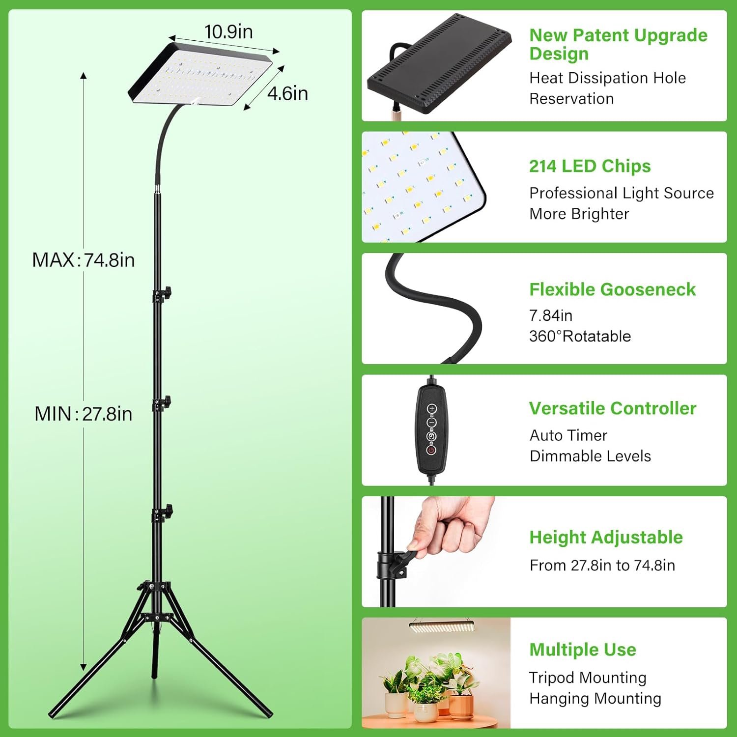 2024 LBW Grow Lights for Indoor Plants with Stand,642 LEDs Full Spectrum Standing Plant Light for Indoor Growing,Tall Floor Plant Lamp with 3/6/12H Timer,6 Brightness,3 Modes,75 Adjustable Tripod