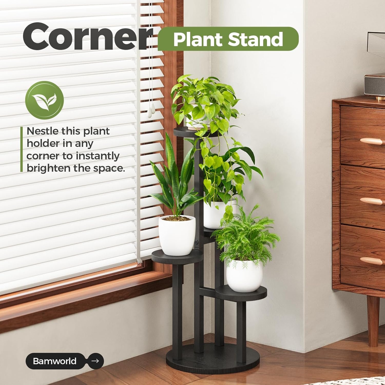 Bamworld Corner Plant Stand Indoor, 4 Tier Metal Plant Shelf for Multiple Plants, Tiered Small Round Flower Stand for Patio Garden Balcony Living Room Bedroom
