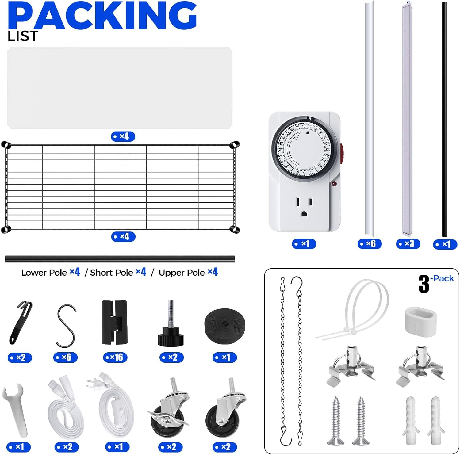 Barrina Indoor Greenhouse with Grow Light, 4-Tier Metal Plant Stand with Zippered EVA Cover and Wheels, Dimmable LED Full Spectrum 3FT 36W(per Light) Plant Growing Lamp with Timer, 35.4x13.8x70.9