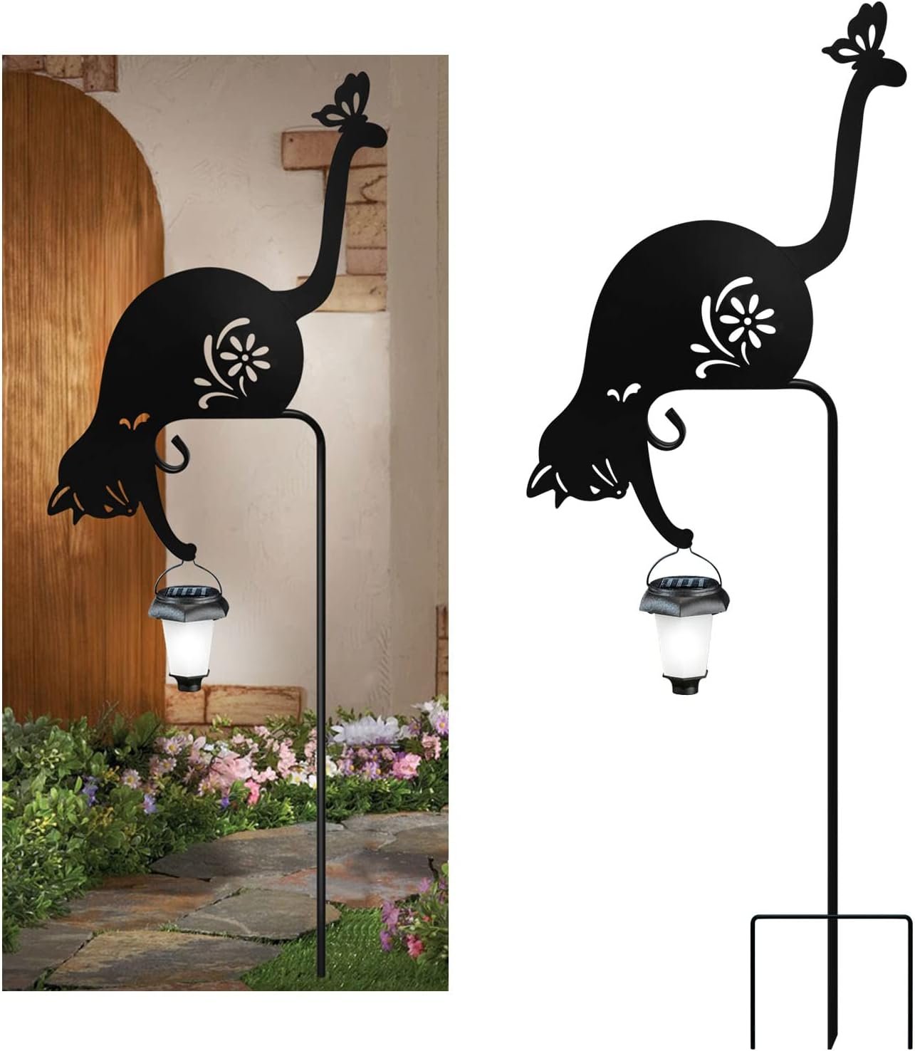 Cat Decorative Garden Stakes Solar Cat Decorative Stakes Cat Holding Solar Lantern Garden Stakes Outdoor Cat Stakes Metal Cat Decor Stakes