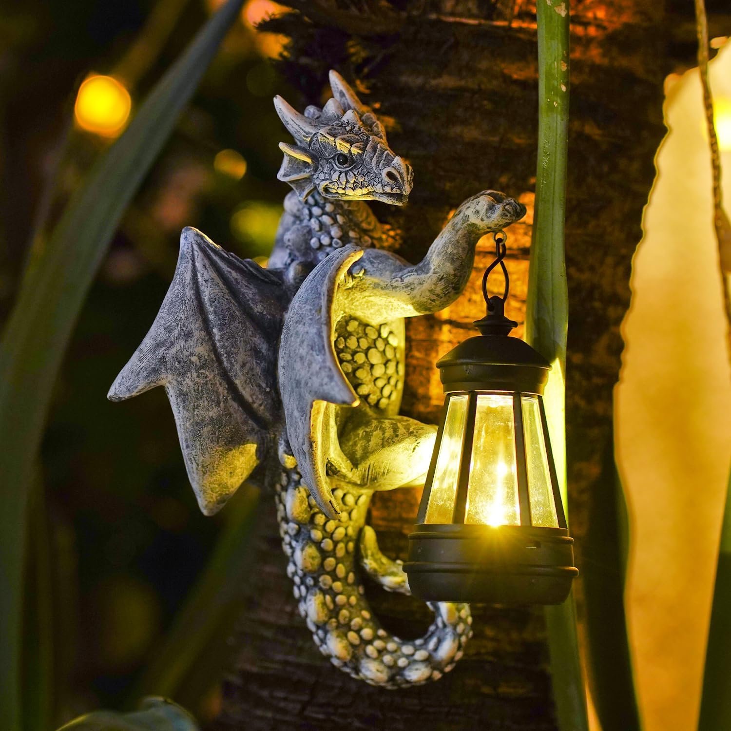 Dragon Tree Hugger with Solar Lantern - 9.3 Inch Resin Statue for Outdoor Garden Decor - Ideal Housewarming  Birthday Gifts for Grandma Mom Women