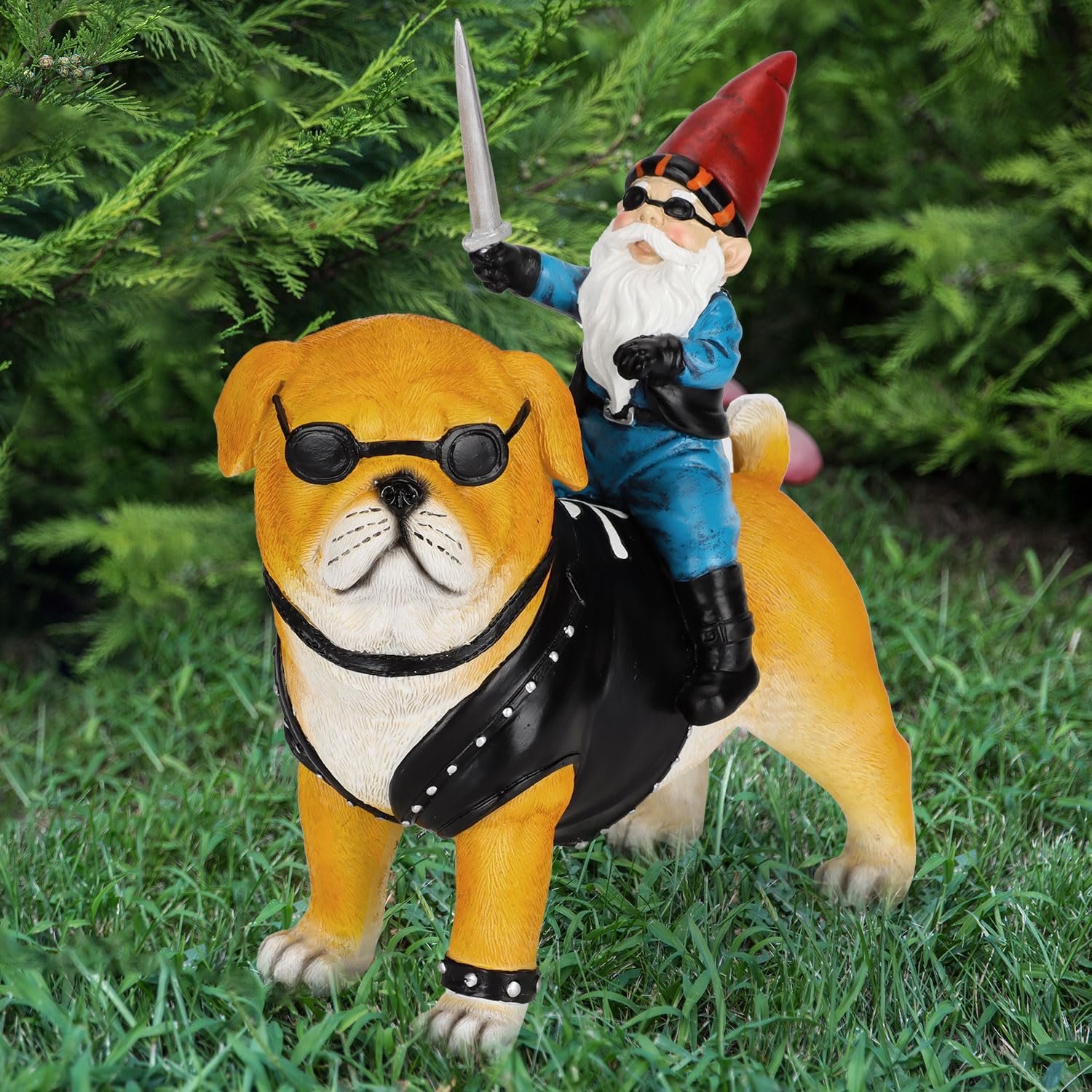 Garden Gnome Statue Holding Sword Outdoor, Funny Garden Gnome Riding Dog Statue Decoration Lawn Figurines for Home Patio Yard Garden Decor Indoor Outdoor, Housewarming Garden Gift