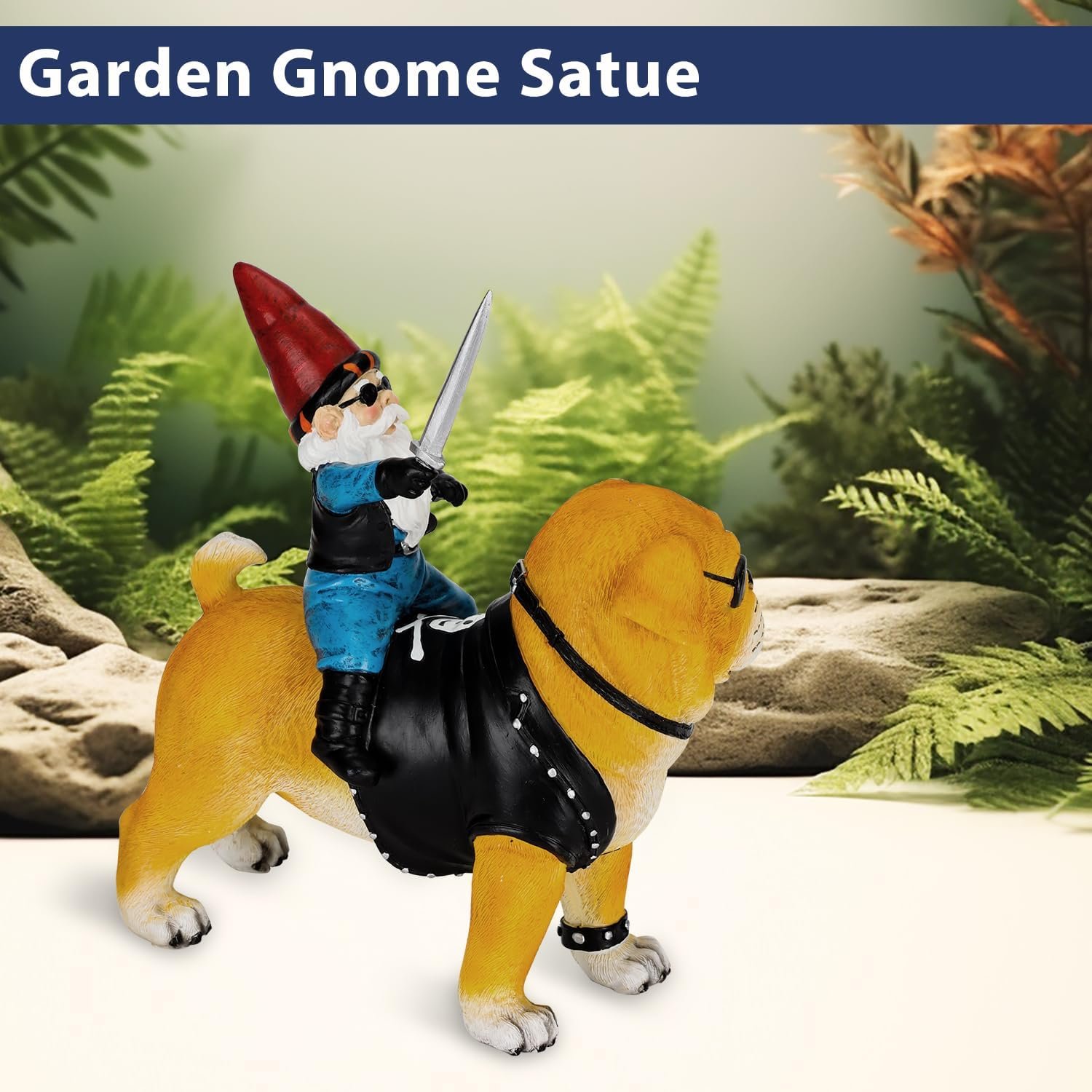 Garden Gnome Statue Holding Sword Outdoor, Funny Garden Gnome Riding Dog Statue Decoration Lawn Figurines for Home Patio Yard Garden Decor Indoor Outdoor, Housewarming Garden Gift