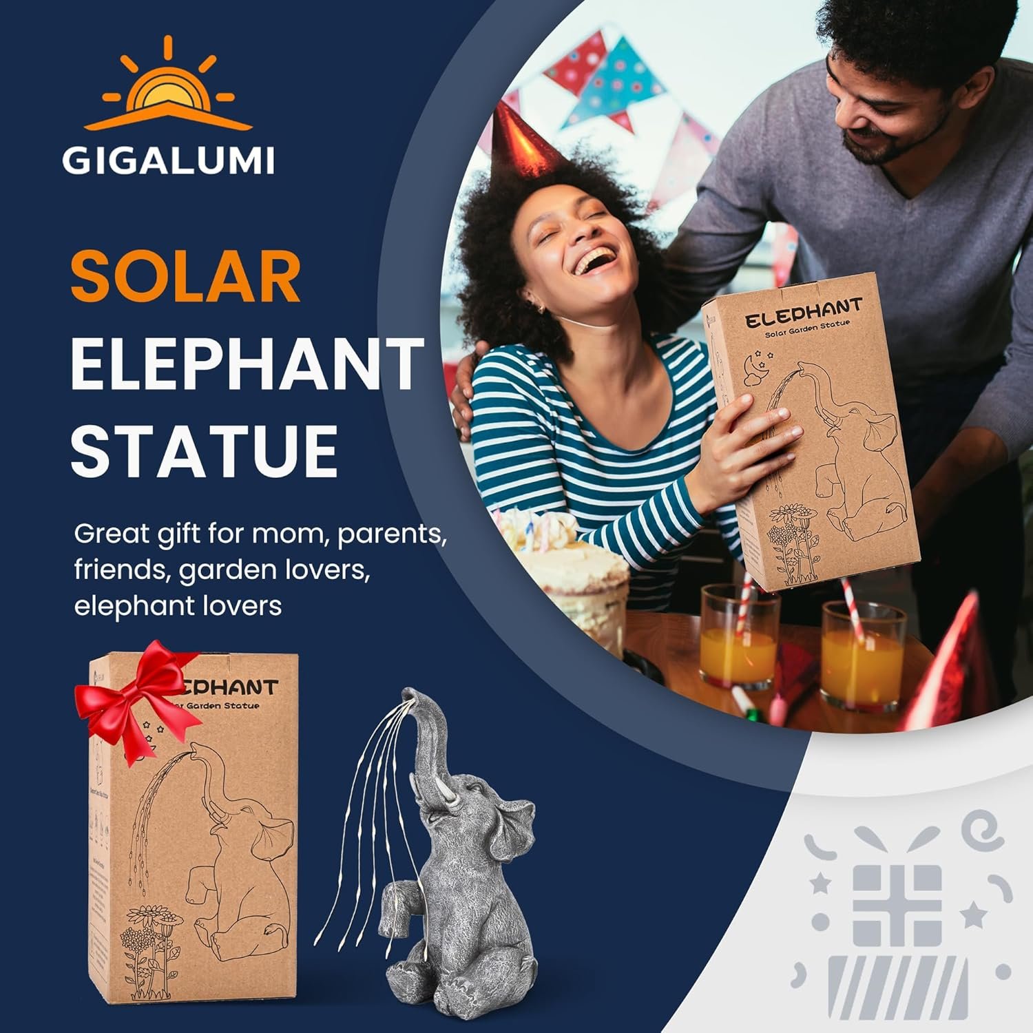GIGALUMI Elephant Statue Solar Garden Decor, Birthday Gifts for Women, Gifts for Mom Grandma Senior Eleder, Outdoor Elephant Decor Ornament for Balcony, Garden, Patio, Yard, Lawn (Stay On Mode Only)