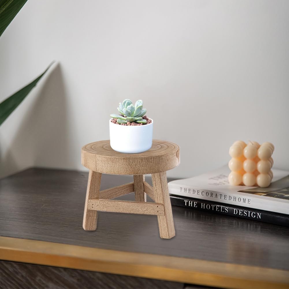 Indoor Plant Stand, 7inch Wooden Stool Plant Display Stand, Farmhouse Rustic Decorative Round Potted Rack, Small Plant Stand Risers for Indoor Entryway Plants Displaying Flower