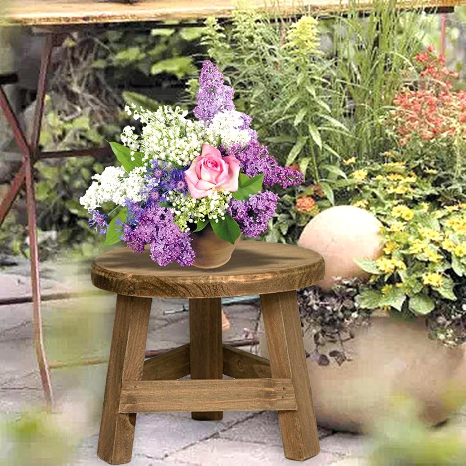 Indoor Plants Table Wood Stool Wooden Plant Stand - Potted Rack Farmhouse Rustic Decorative Round Plant Holder Stand Risers for Displaying Flower in Living Room Garden