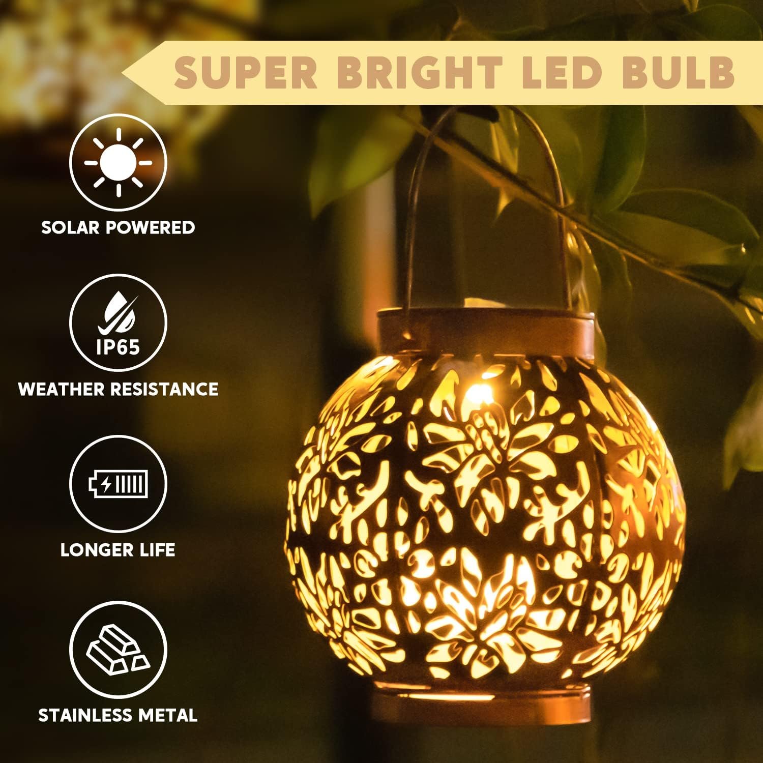 JOIEDOMI 2 Pack Outdoor Solar Hanging Lantern Lights, Waterproof Tabletop Solar Lights with Handle, LED Solar Moroccan Lanterns, Metal Decorative Garden Solar Lights for Patio, Lawn, Porch, Backyard