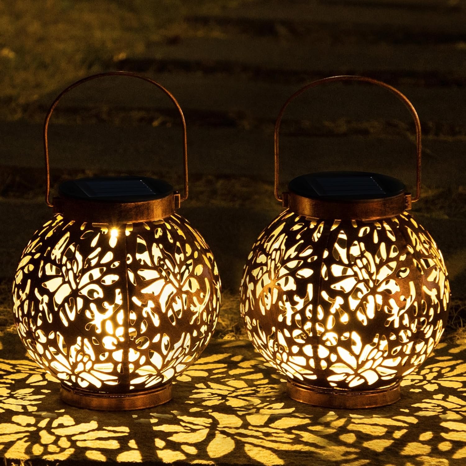 JOIEDOMI 2 Pack Outdoor Solar Hanging Lantern Lights, Waterproof Tabletop Solar Lights with Handle, LED Solar Moroccan Lanterns, Metal Decorative Garden Solar Lights for Patio, Lawn, Porch, Backyard