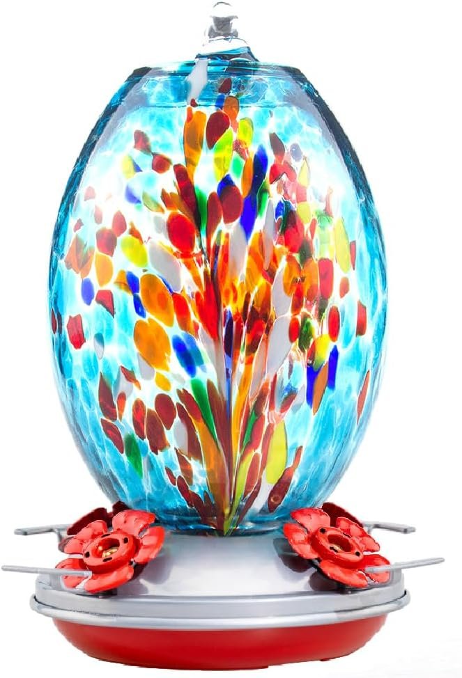 Muse Garden Hummingbird Feeders for Outdoors Hanging, Blown Glass Hummingbird Feeder, Hummingbird Gifts for Women, Garden Backyard Decor, Unique Gifts Idea for Mom Women, 27OZ, Blue Fireworks