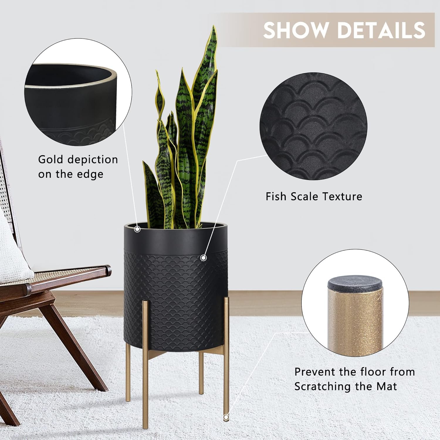 Oakrain Mid Century Planters for Indoor Plants, Set of 2, Modern Decorative Metal Pots for Living Room, Office, Garden or Balcony, Gray and White Gradient Planter with Stand, 8 inch10 inch