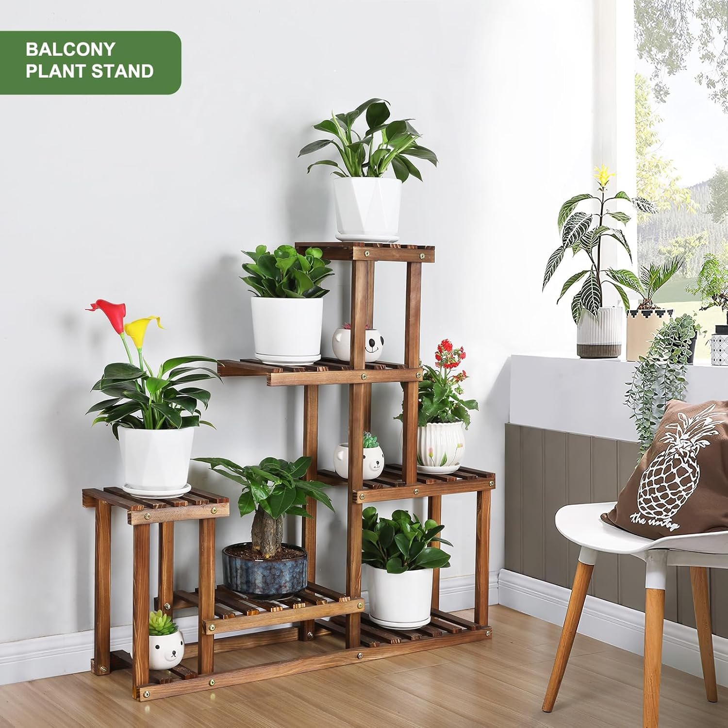 Pine Wood Plant Stand Indoor Outdoor Multi Layer Flower Shelf Rack Higher and Lower Plant Holder in Garden Balcony Patio Living Room (4 Tiers )