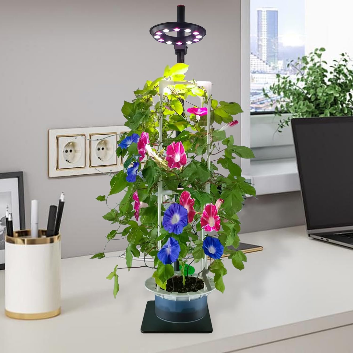 Plant Lights for Indoor Garden Hydroponics Growing System Tower Kit, Herb Vegetable Indoor Gardening System with Standing Floor Tall LED Grow Lights,Height Adjustable with Stand,Timer,Trellis-Blue