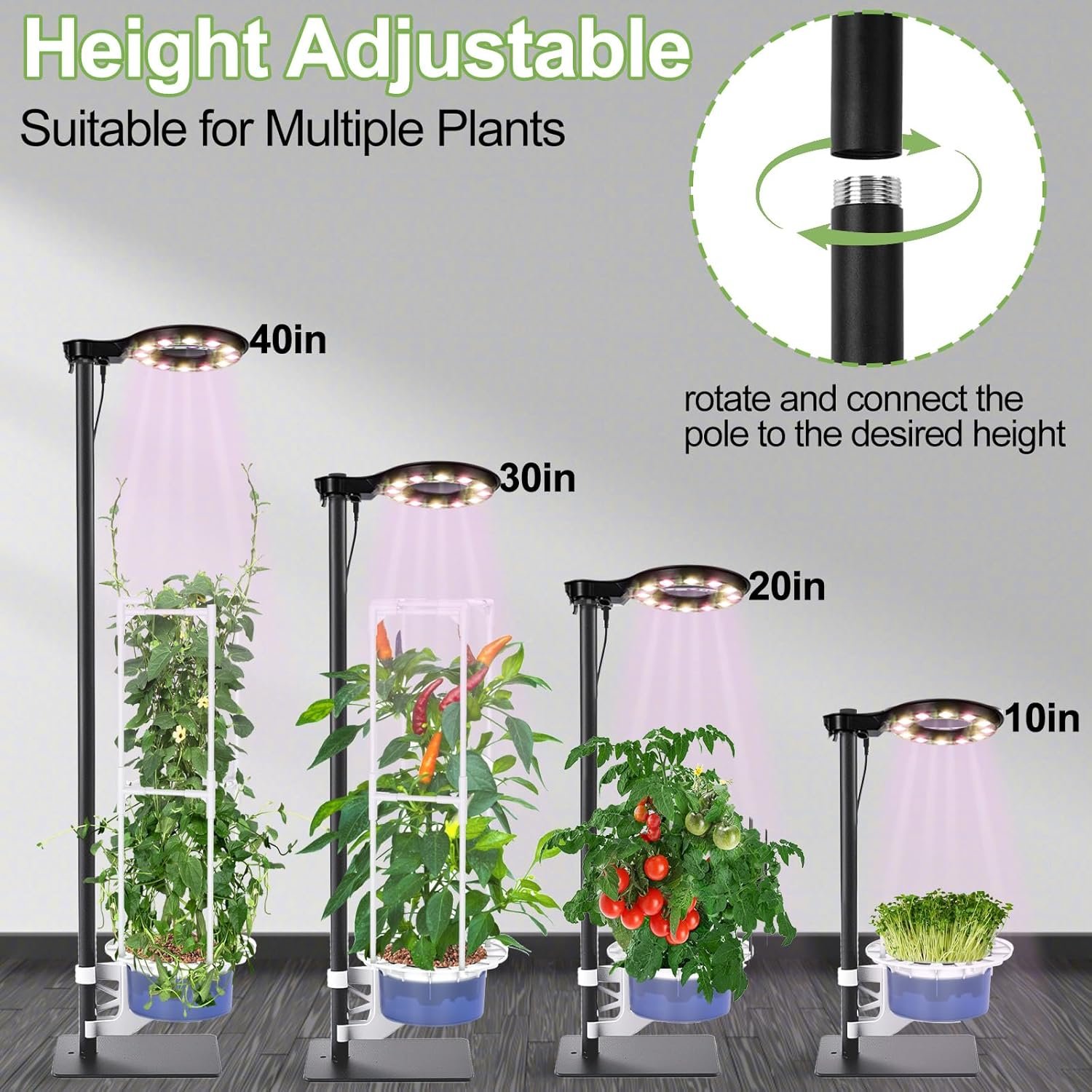 Plant Lights for Indoor Garden Hydroponics Growing System Tower Kit, Herb Vegetable Indoor Gardening System with Standing Floor Tall LED Grow Lights,Height Adjustable with Stand,Timer,Trellis-Blue