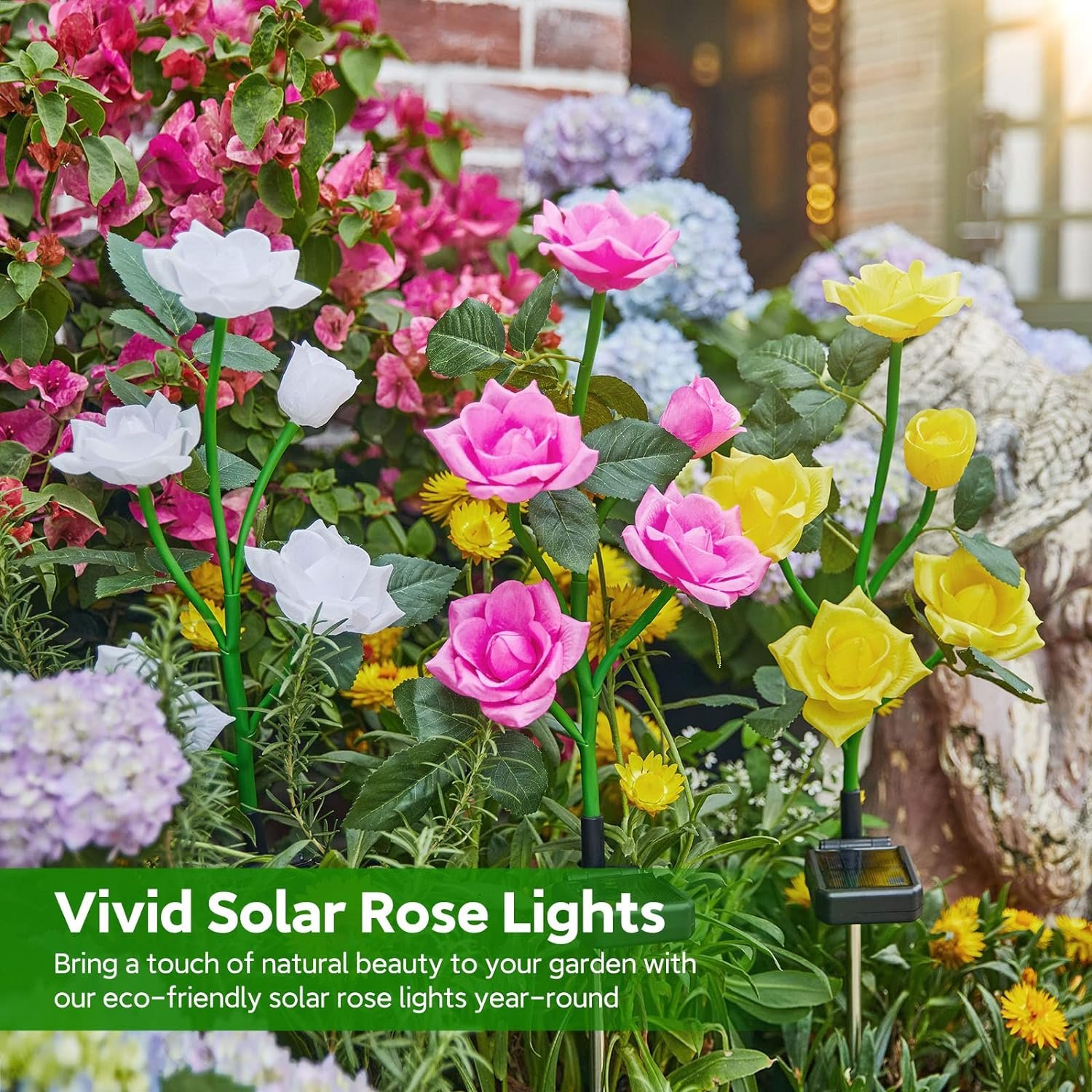 RECHOO Solar Garden Lights Outdoor Decorative, 3 Pack Solar Garden Lights with 15 Rose Flowers, Multi-Color Changing LED Waterproof Solar Powered Garden Decor for Patio Yard Pathway Decoration