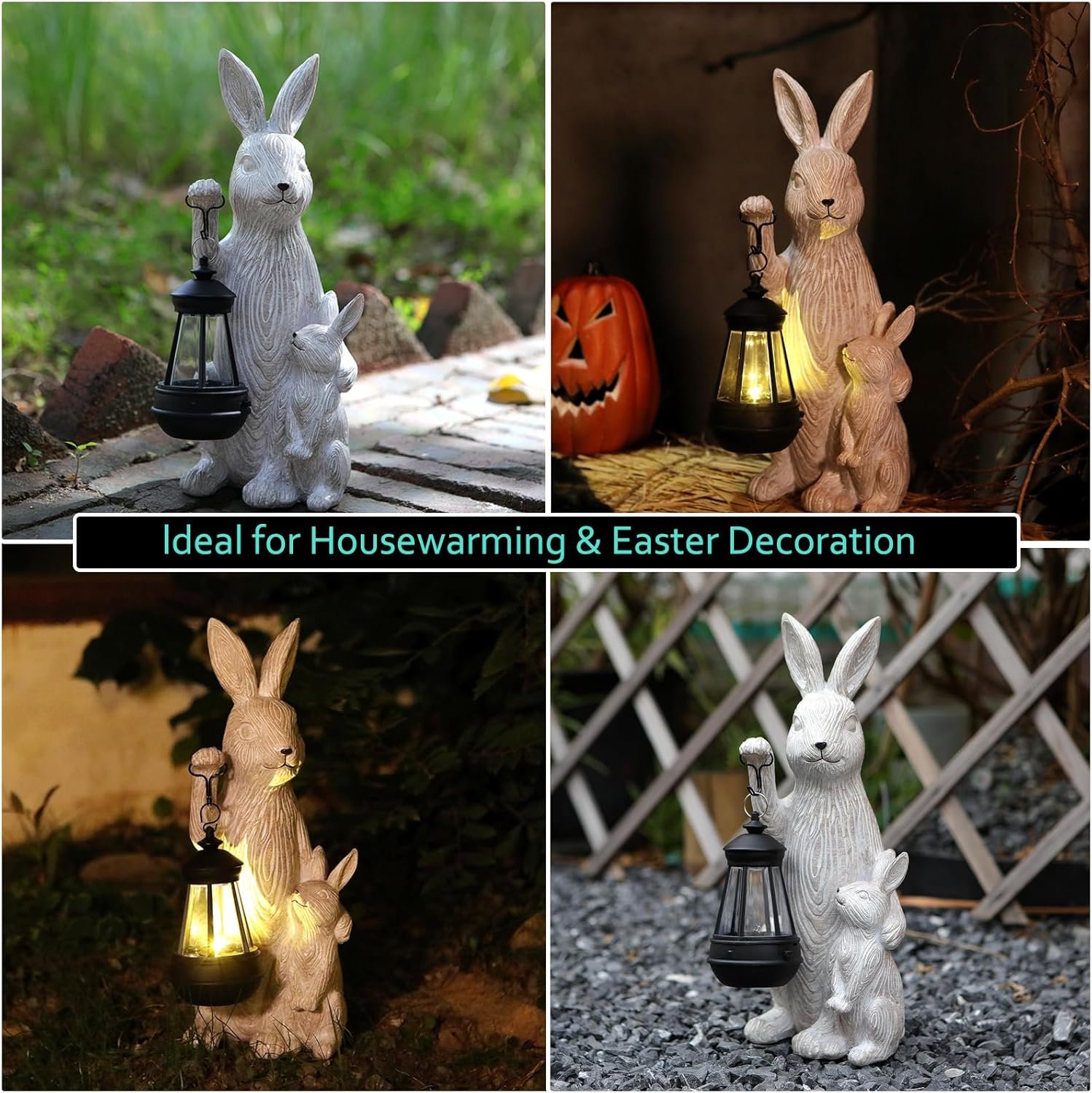 Solar Garden Statues Bunny Decor with LED Lights Valentines Day Decorations Outdoor Garden Rabbit Statue for Patio, Balcony, Yard, Lawn Ornament - Unique Housewarming Birthday Gifts for Women Kids