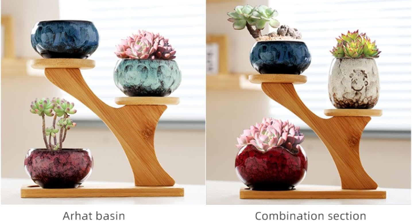Succulent Plant Pot Ceramic Flower Planter Pots with Bamboo Wood Stand Storage Holder and Drainage Hole for Indoor/Outdoor House Plants, Set of 4 Foliage Plant Pot for Home and Office Decor (6)