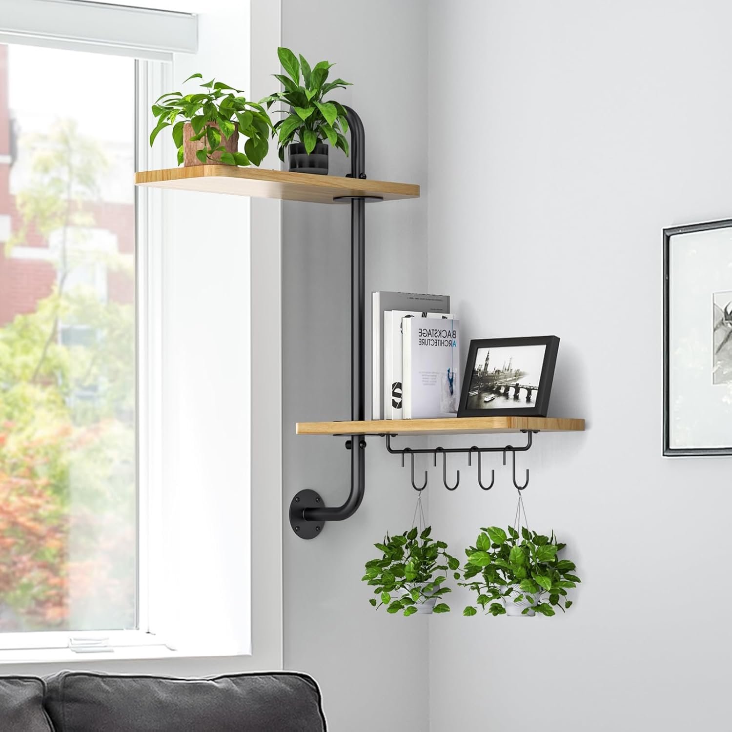 THYGIFTREE Window Plant Shelves 2-Tier Rotating Plant Display Holder Wall Mounted Pipe Swivel Plant Stand Rustic Floating Shelves for Houseplants Herbs, Wood