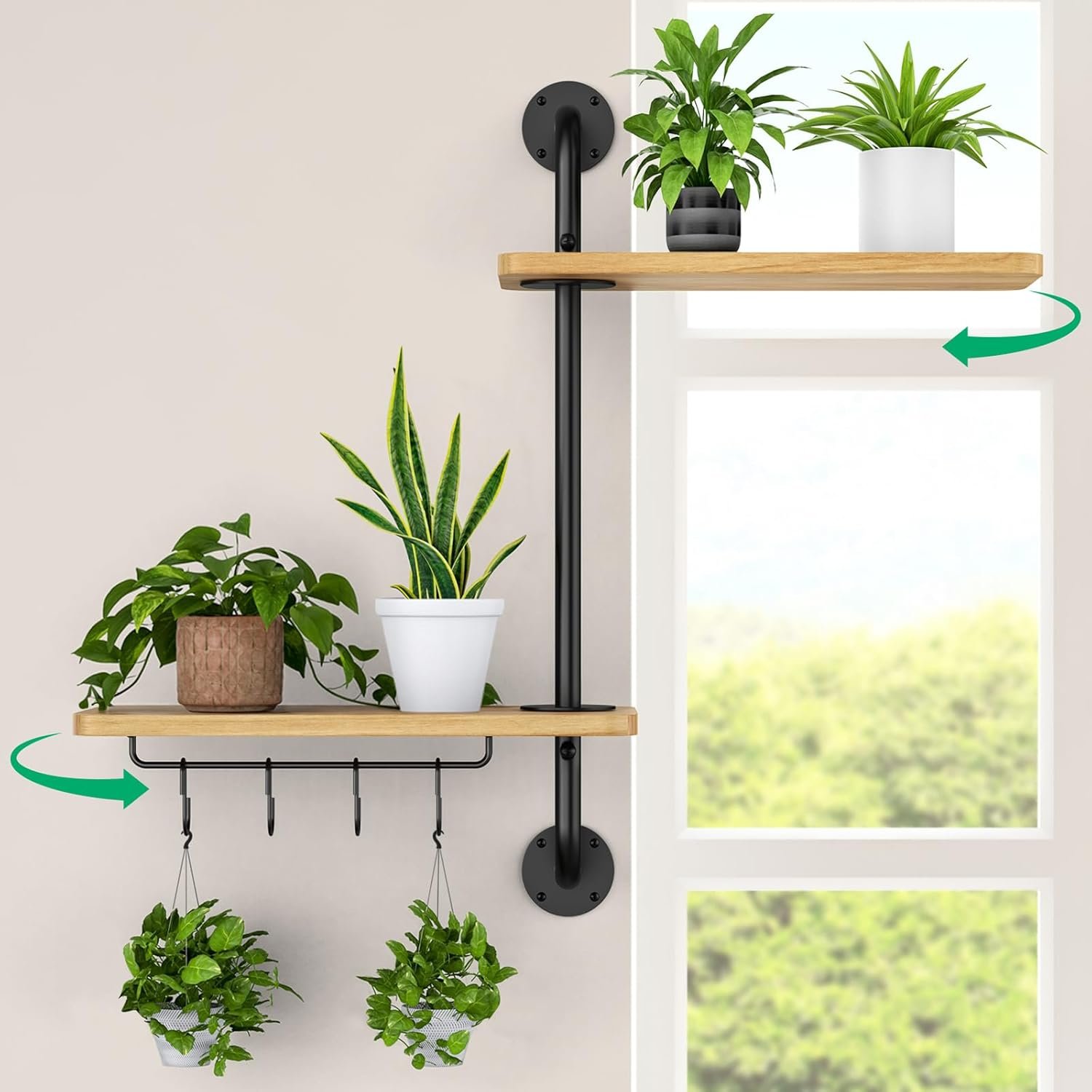 THYGIFTREE Window Plant Shelves 2-Tier Rotating Plant Display Holder Wall Mounted Pipe Swivel Plant Stand Rustic Floating Shelves for Houseplants Herbs, Wood