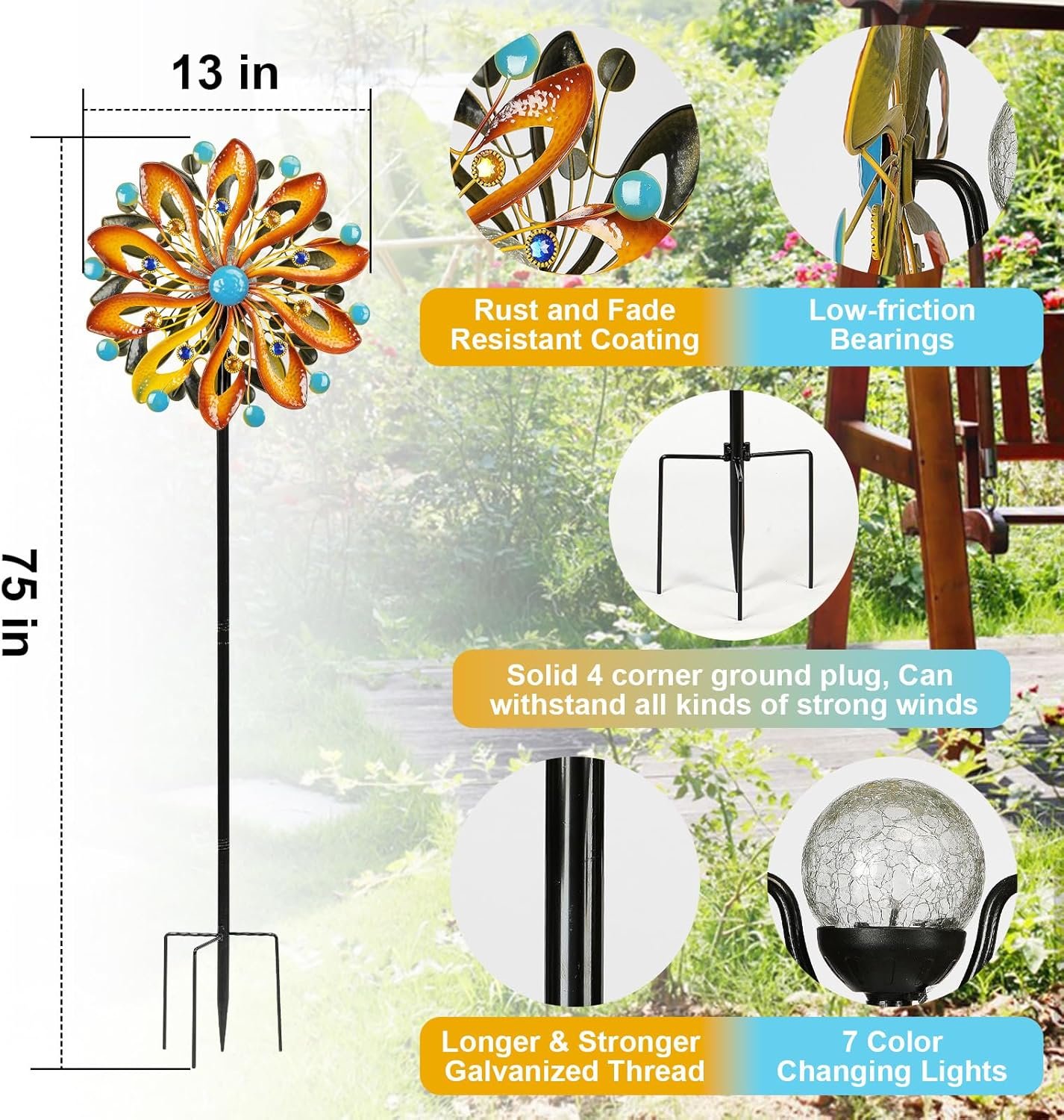 Wind Spinners for Yard and Garden-Wind Sculptures Spinners 75 in Garden Kinetic Art with Solar Powered Multi-Color Glass Ball Light for Yard Garden Backyard Lawn Decorations Wind Spinners for Yard and Garden-Wind Sculptures Spinners 75 in Garden Kinetic Art with Solar Powered Multi-Color Glass Ball Light for Yard Garden Backyard Lawn Decorations