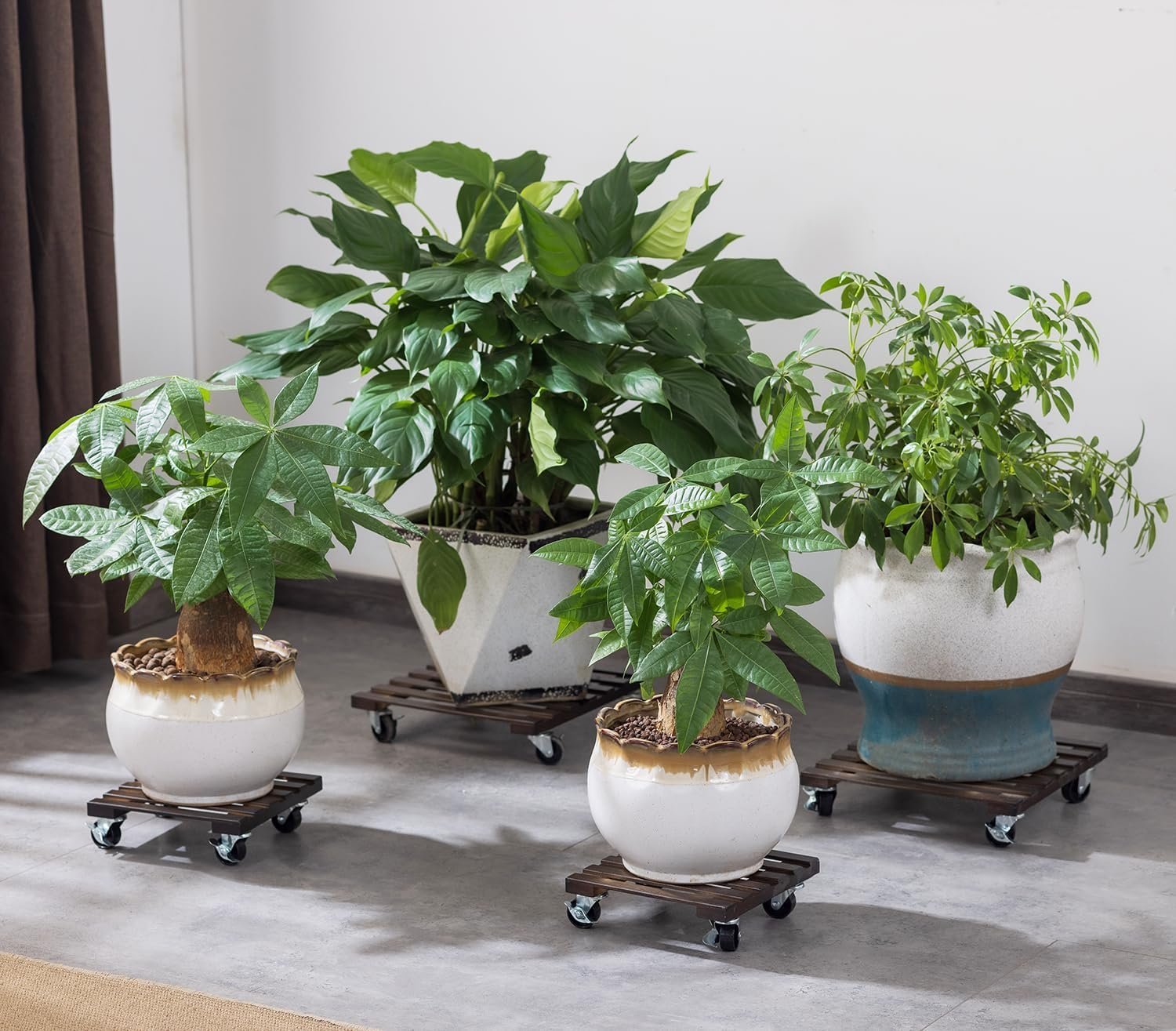 YONGZHAO 4-Pack Bamboo Plant Caddy with Lockable 360° Rotating Wheels Square Walnut Color Plant Stand Heavy Duty Rolling Tray Indoor Outdoor Pot Plant Roller Base Caddies,Patio,Flower Pot