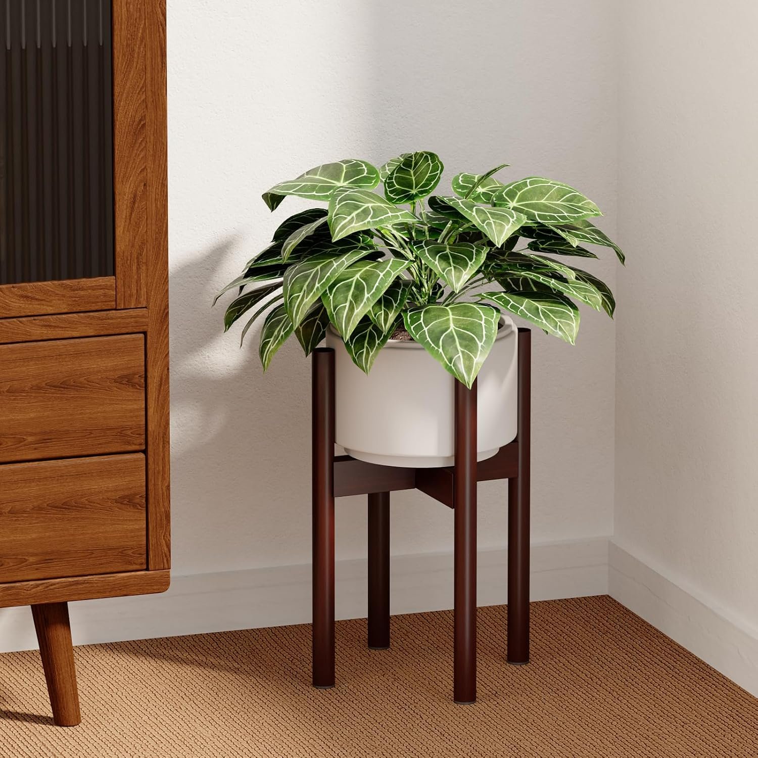 Adjustable Plant Stand Indoor, Bamboo Plant Stand Fits 8 9 10 11 12 Inches, Small Corner Planter Holder for Indoor Plants, Single Floor Plant Stands for Living Room Balcony, Reddish Brown