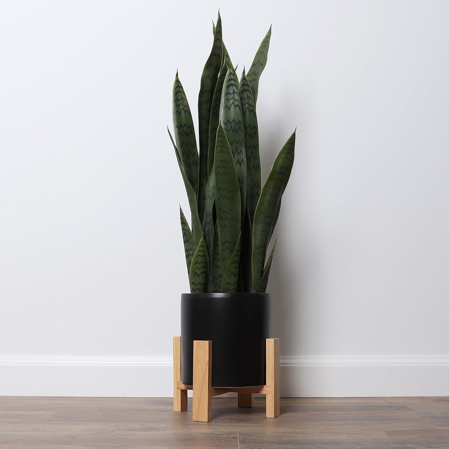 Artificial Snake Plant with Mid Century Plant Stand - Sansevieria Plant in Modern Planter - Artificial Plants with Indoor Plant Stand - Faux House Plants (Large / 1 Pack)