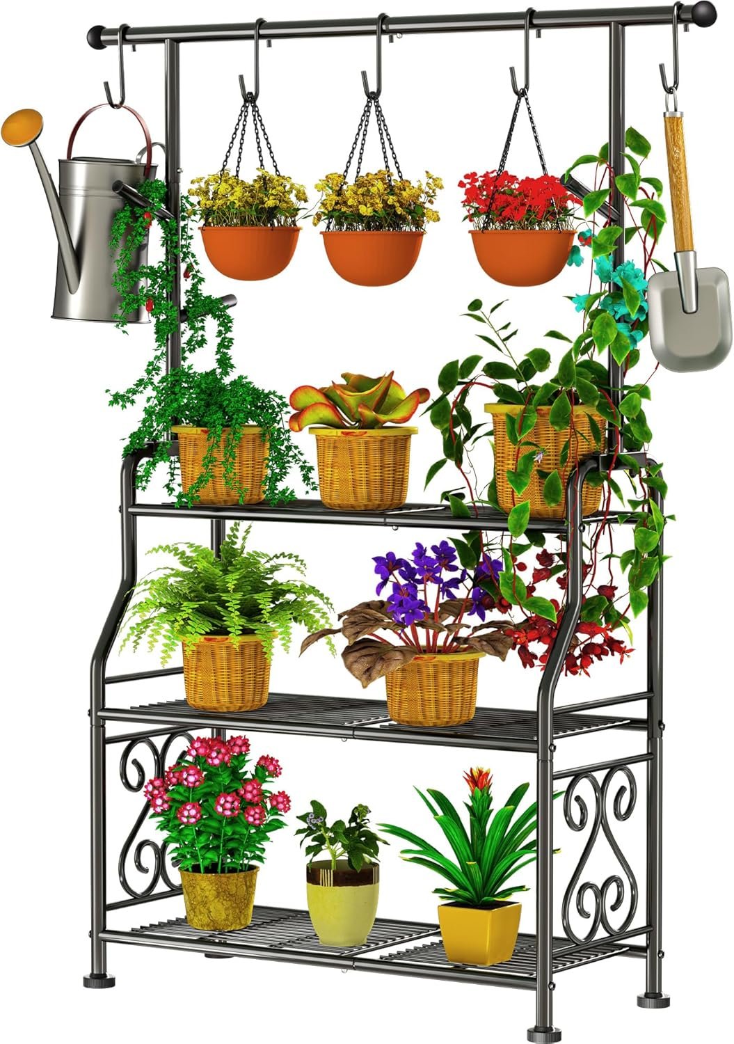 GIOTORENT Plant Stand Indoor Outdoor, 3-Tier Heavy Duty Metal Shelves, Display up to 14 Multiple Plants, Tall Plant Holder with Plant Hanger, Suit for Patio Living Room Garden Balcony, 5 Hooks, Black GIOTORENT Plant Stand Indoor Outdoor, 3-Tier Heavy Duty Metal Shelves, Display up to 14 Multiple Plants, Tall Plant Holder with Plant Hanger, Suit for Patio Living Room Garden Balcony, 5 Hooks, Black