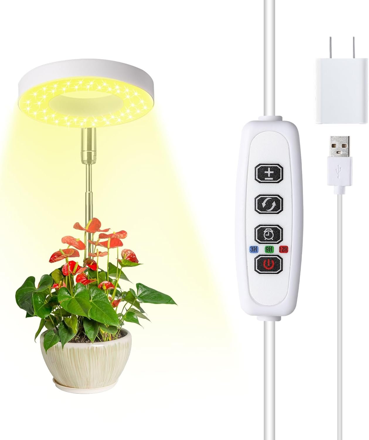 Halo Ring Grow Lights for Small Indoor Plants, Warm+White 48LEDs Full Spectrum Plant Light, Height Adjustable with 5V 2A Adapter, 3/9/12H Timer, 3 Spectral Modes, 10 Dimmable Levels, Angel Ring 1 Pack