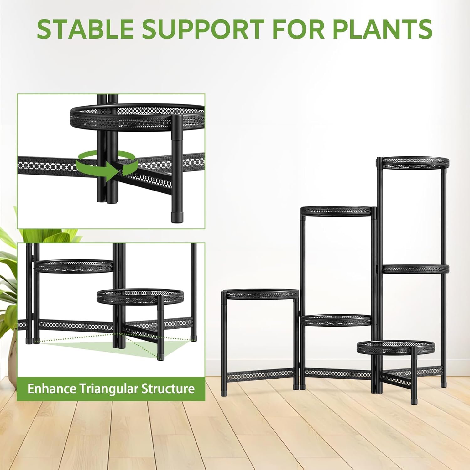 iDavosic.ly 6 Tier Large Plant Stand Indoor with 10 Inch Wide Tray, Tiered Corner Metal Outdoor Flower Display Holder Shelf, Folding Tall Rack for Patio Porch Living Room, Modern Black