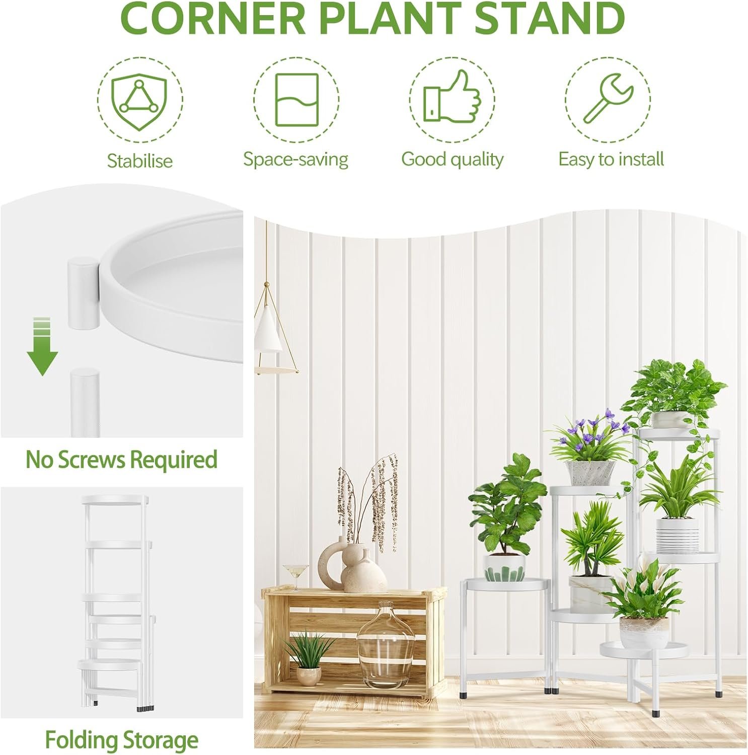 iDavosic.ly 6 Tier Large Plant Stand Indoor with 10 Inch Wide Tray, Tiered Corner Metal Outdoor Flower Display Holder Shelf, Folding Tall Rack for Patio Porch Living Room, Modern Black