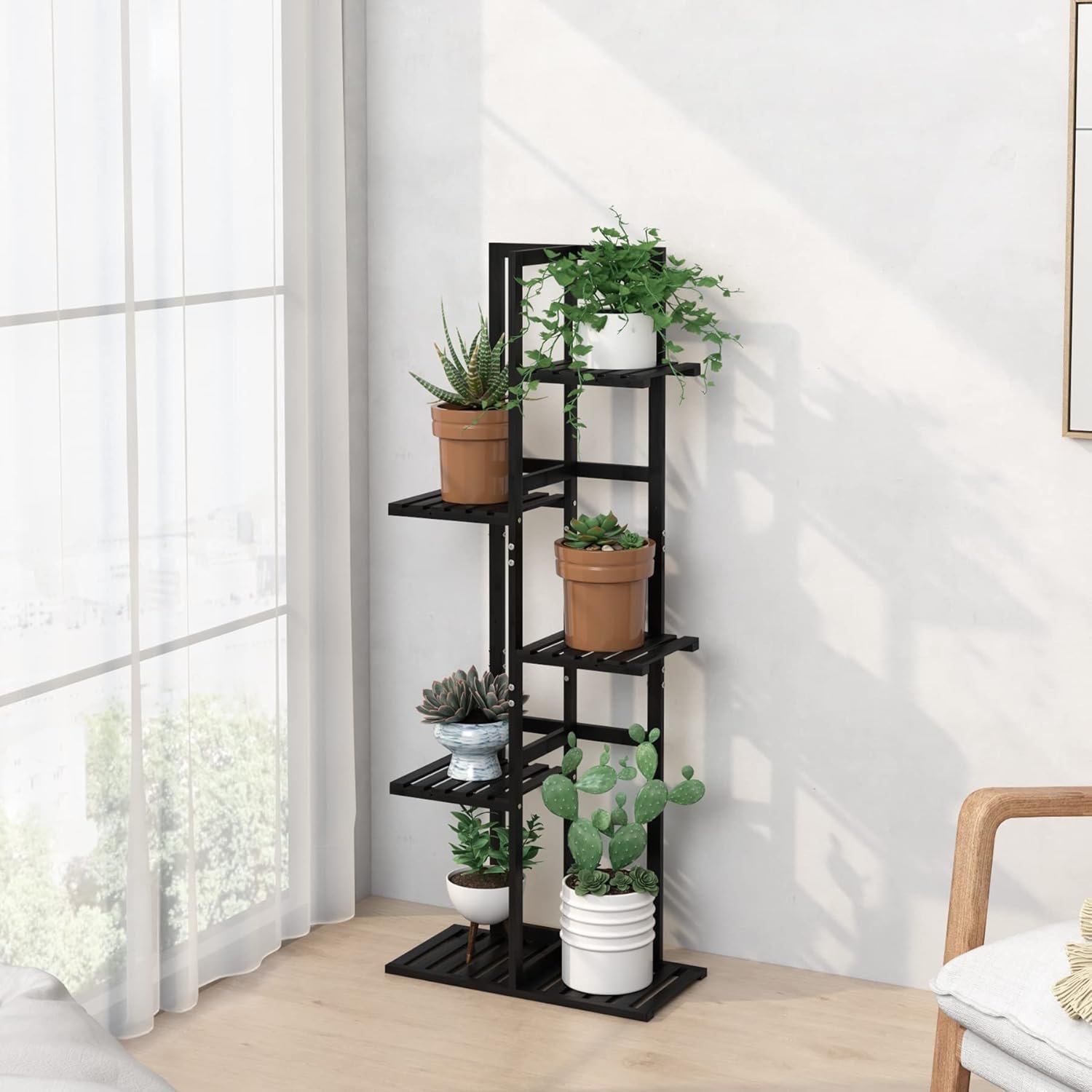 Laiensia 5 Tier Bamboo Plant Stand Rack 6 Potted Multiple Flower Pot Holder Shelf, IndoorOutdoor Planter Display Shelves for Patio Garden, Living Room, Corner Balcony and Bedroom,Black Laiensia 5 Tier Bamboo Plant Stand Rack 6 Potted Multiple Flower Pot Holder Shelf, IndoorOutdoor Planter Display Shelves for Patio Garden, Living Room, Corner Balcony and Bedroom,Black