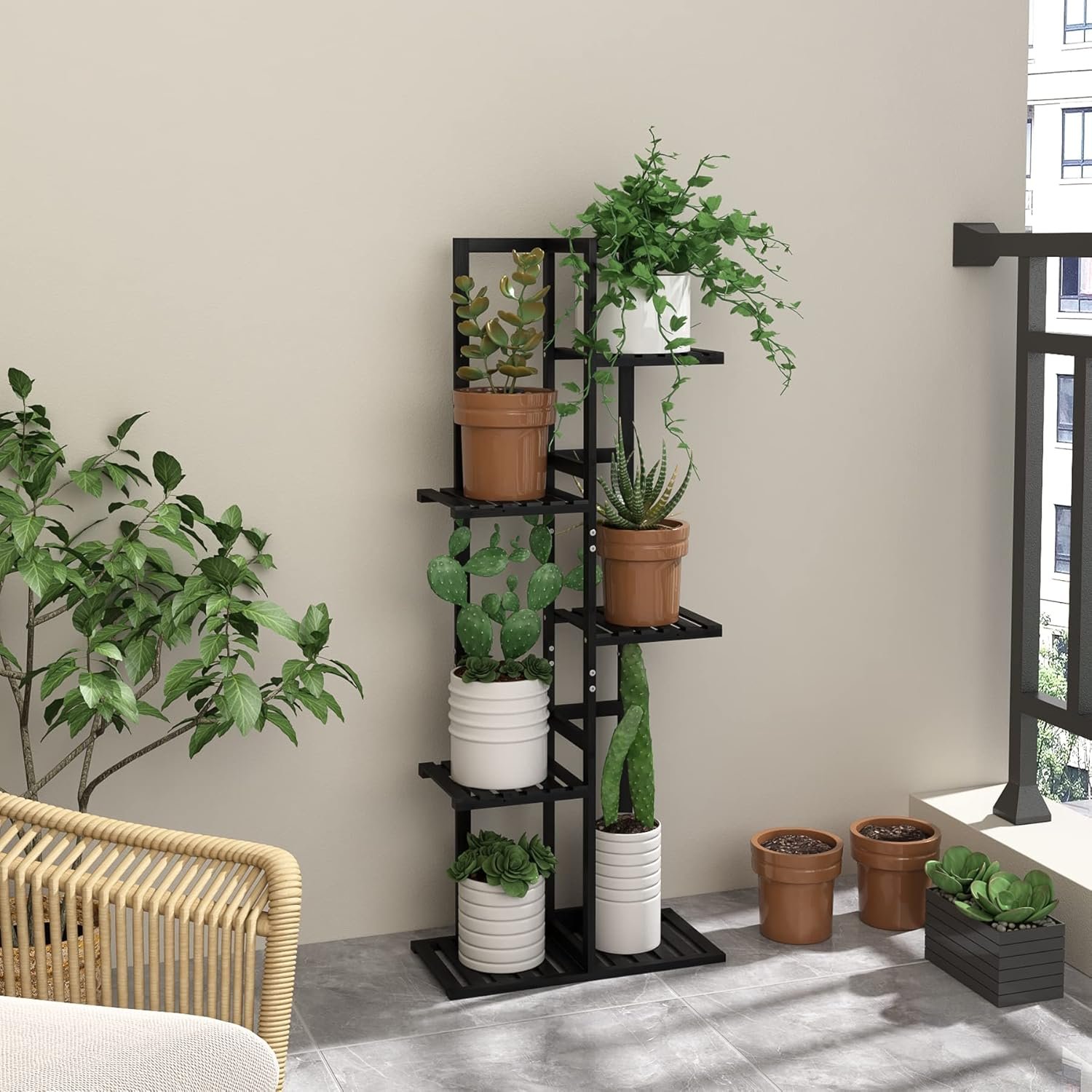 Laiensia 5 Tier Bamboo Plant Stand Rack 6 Potted Multiple Flower Pot Holder Shelf, IndoorOutdoor Planter Display Shelves for Patio Garden, Living Room, Corner Balcony and Bedroom,Black Laiensia 5 Tier Bamboo Plant Stand Rack 6 Potted Multiple Flower Pot Holder Shelf, IndoorOutdoor Planter Display Shelves for Patio Garden, Living Room, Corner Balcony and Bedroom,Black