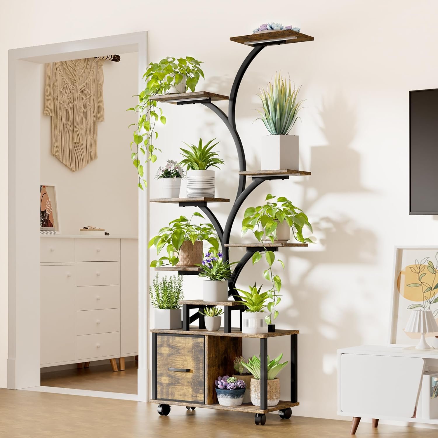 Plant Stand Indoor with Grow Light, 9 Tiered Indoor Plant Shelf with Wheels, 65 Tall Plant Stand for Indoor Plants Multiple with Drawer, Plant Flower Holder for Living Room, Patio, Balcony