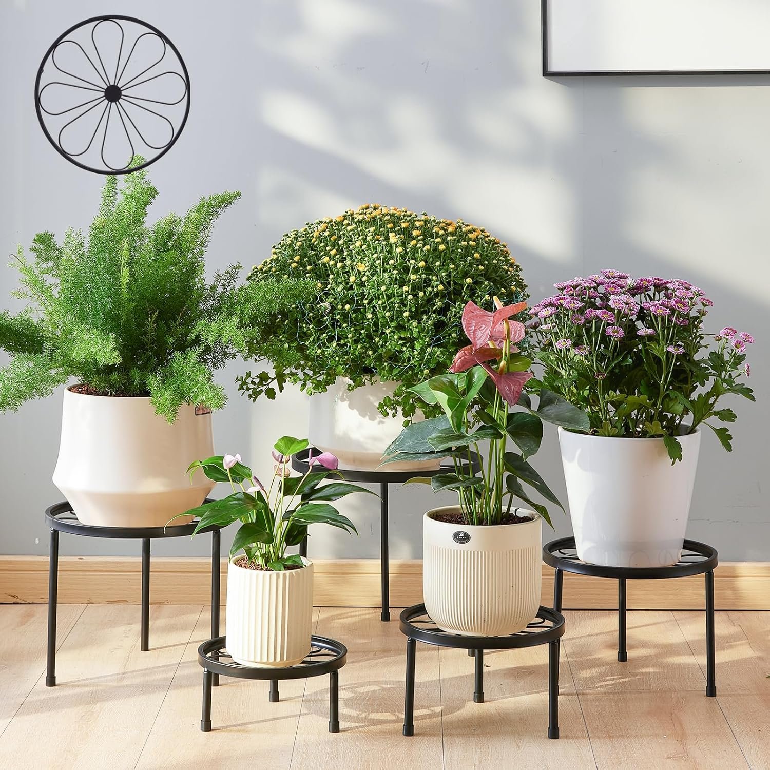 Plant Stand,5 Pack Heavy Duty Flower Pot Stands,Metal Decoration Racks,Round Plant Shelf for Planter Outdoor and indoor (Black)