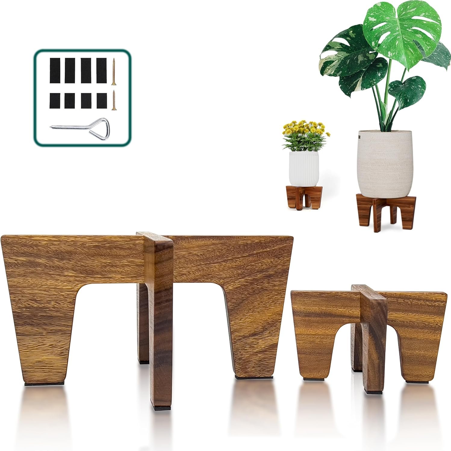 Plant Stands Indoor , Acacia Wood Boho Mid-Century Plant Holder, Modern Minimalist Wooden Pedestal Stand, Fits Up To 12”  6.5” Pots (2-Pack MS Size, Pots Not Included)