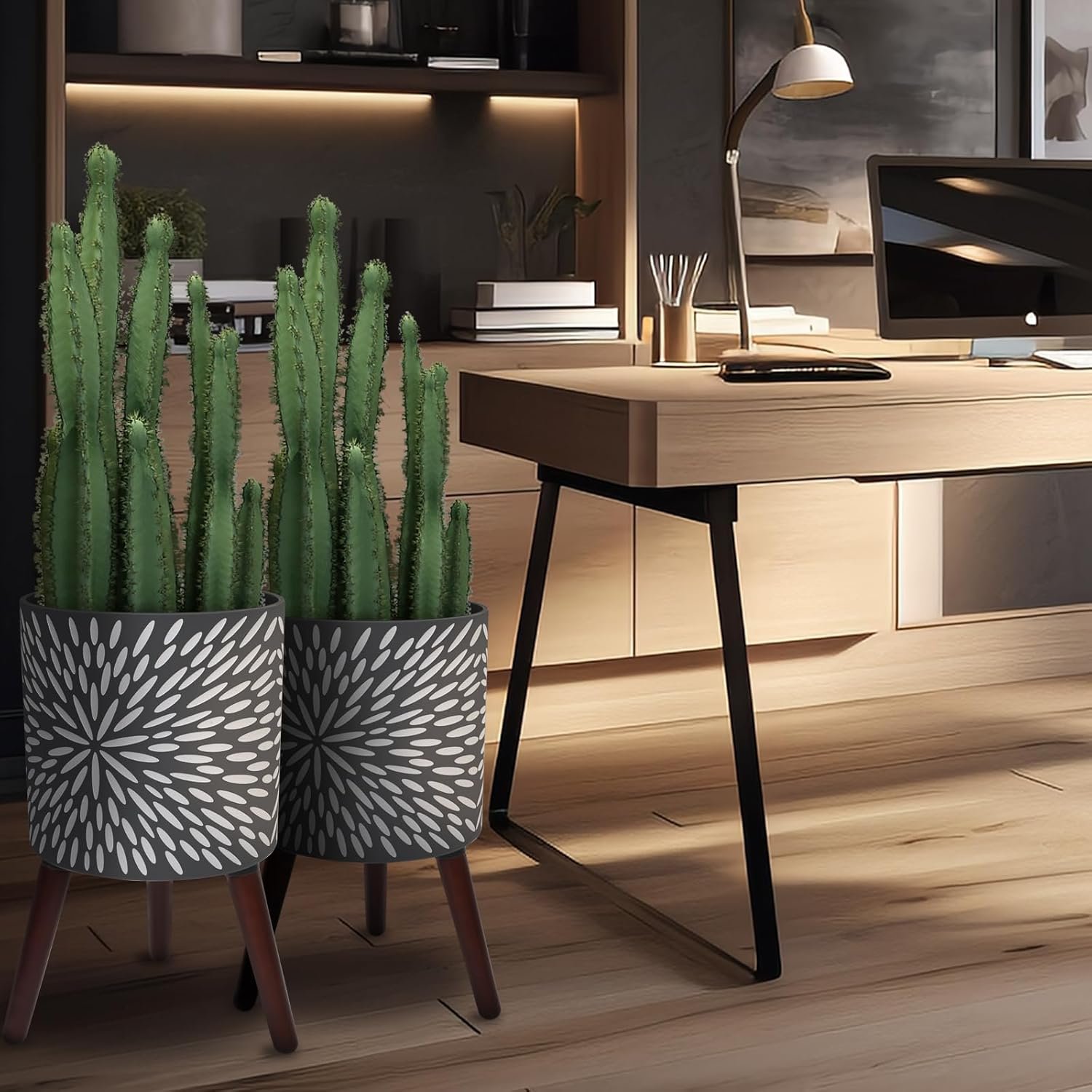 10  12 Inches Plant Pot with Stand Set of 2, Decorative Palm Leaves Printing Planter with Holder, Garden Pot for Snake Plant, Monstera, Houseplants - Indoor Outdoor Flower Pots with Drainage Holes